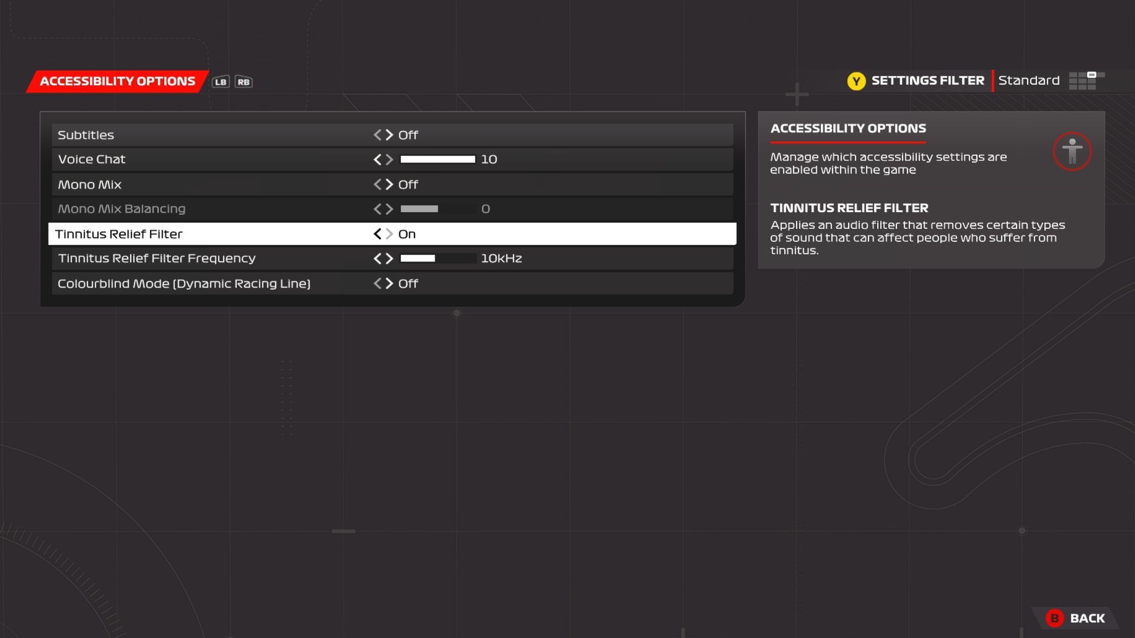 F123 Accessibility options highlighting the tinnitus filter